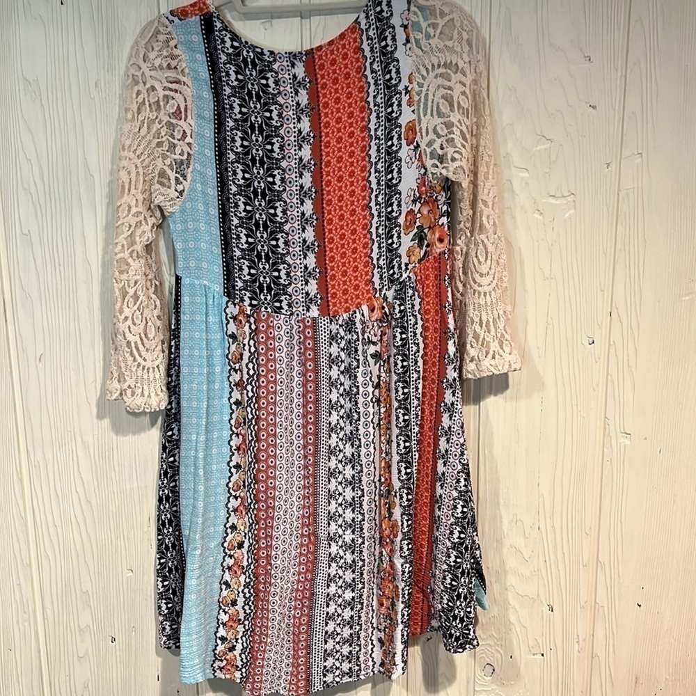 Military Hippie Boho Tunic/Dress with Lace 3/4 Sleeves, Size S - Picture 6 of 7
